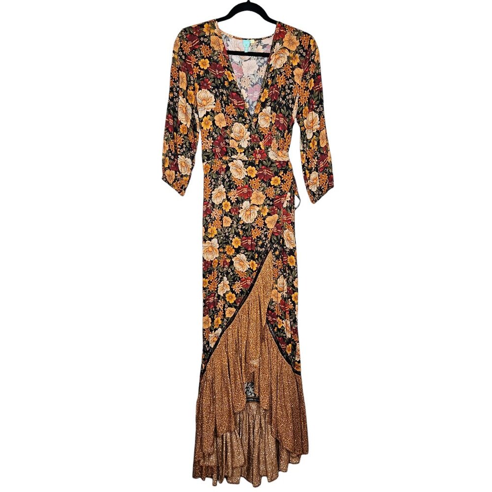 Farm Rio Madrid Maxi Dress Anthropologie‎ Floral Gold Yellow Wrap High Low XS - Picture 4 of 12